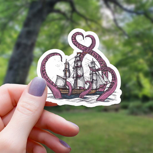 Kraken Monster Grabbing Ship Sticker - 3"