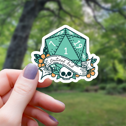 Critical Fail Skull D20 Dice Sticker - 3"