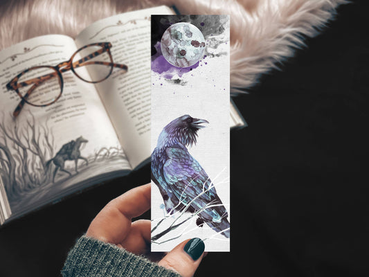 Raven Full Moon Watercolor Bookmark